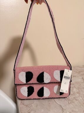 Anthropologie Beaded Pink Shoulder Bag with hearts black and white